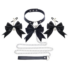 Set di accessori per bondage SM per adulti: collare con graziosi morsetti per capezzoli a forma di fiocco e campanellino e guinzaglio in me