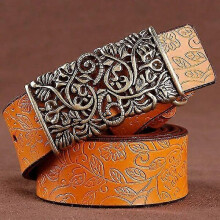 (90cm 22to24 inch, orange) [lfmb]belt For Women Waistband Cowskin Leather Lady Belt Vintage Pin Buckle Hollow Flower Fashion Woman Jeans Girdle Female