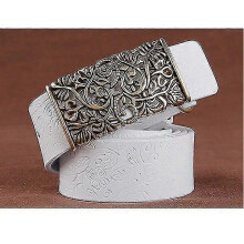 (100cm 27to29 lnch, white) [lfmb]belt For Women Waistband Cowskin Leather Lady Belt Vintage Pin Buckle Hollow Flower Fashion Woman Jeans Girdle Female