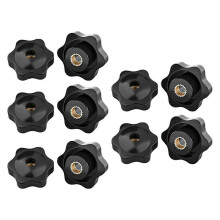 10-pack zwarte mechanische duimmoeren met rubberen kop en pruimenbloesemmotief, handvast te draaien.