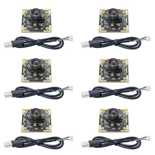 Kit com 6 módulos de câmera OV9732 de 1MP, 1280x720 a 30fps, compatíveis com USB, sem necessidade de driver e com foco manual. Cabo de 0,5m.