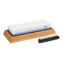 Amazon Basics Whetstone Knife Sharpening Wet Stone Dual Sided 1000/6000 Grit with Non-Slip 1 Pc, Bamboo Base, Black & Grey