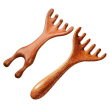 Six-Claw Meridian Sandalwood Massage Comb, Natural Wooden Gua Sha Tool, Deer Antlers Wide Tooth Head Massage Comb
