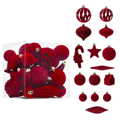 Flocked Christmas Baubles Set – 28 Red Plastic Tree