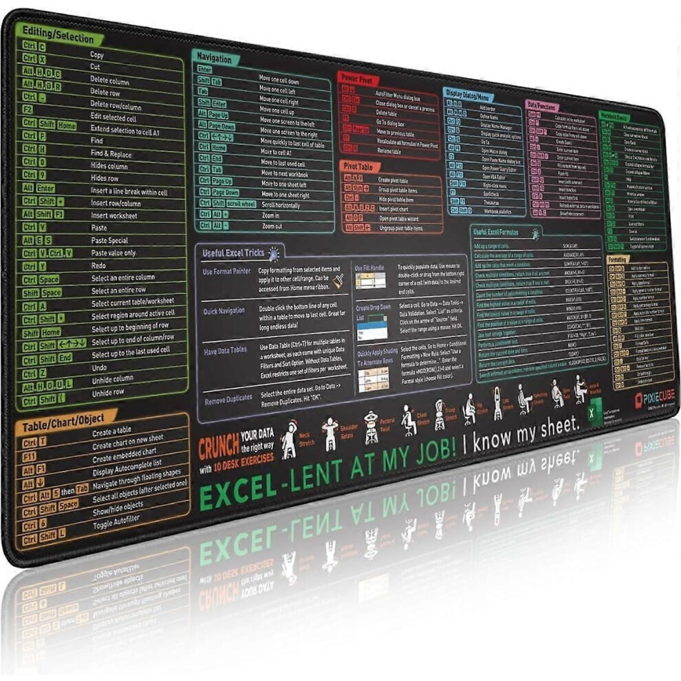 Excel Shortcut Keys Xl Mouse Pad, Gaming Office Spreadsheet Keyboard Mat, Non-Slip Stitched Edge 3550276304755
