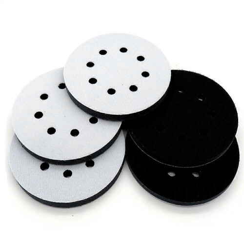 Lixas de espuma macia de 5 x 5 polegadas com 8 furos e sistema de fixação por velcro, compatíveis com lixadeiras orbitais.