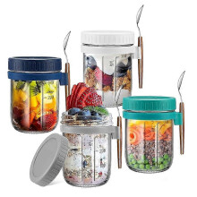 4 recipientes de vidrio herméticos de 355 ml para avena nocturna, con tapas y cucharas incluidas.