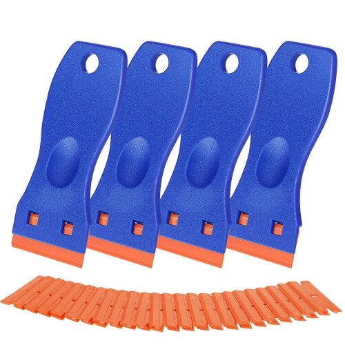 4 Pcs Plastic Razor Scraper Tools with 100 Pcs Plastic Razor Blades Sticker Remover Scraper for Stickers Labels Decals