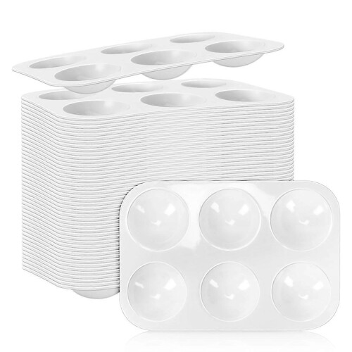 50 Pcs White Plastic Watercolor Palettes, 6-Compartment Rectangular Paint Trays