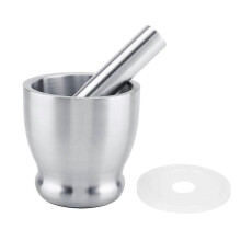 Set mortaio e pestello in acciaio inox con coperchio per tritare spezie, ideale per la cucina.