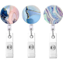Clips retráctiles para credenciales de identificación, 3 piezas, diseño de mármol para profesionales médicos y educativos.