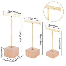 3pcs Metal T-bar Earring Stands with Wooden Square Base 4-hole Jewelry Holders compatible with Hanging Earrings