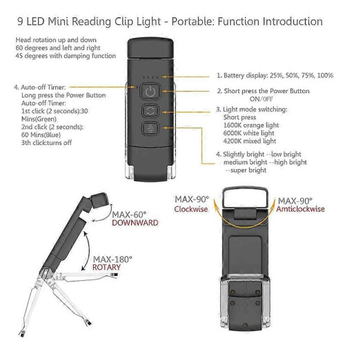 Portable Rechargeable Reading Light with Timer Function for Nighttime Bedtime Reading 2