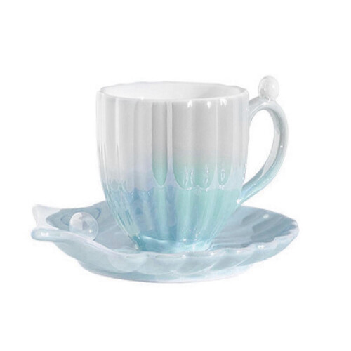 Ceramic Coffee Mug with Saucer, Pearl Shell Cup, for Tea and Latte