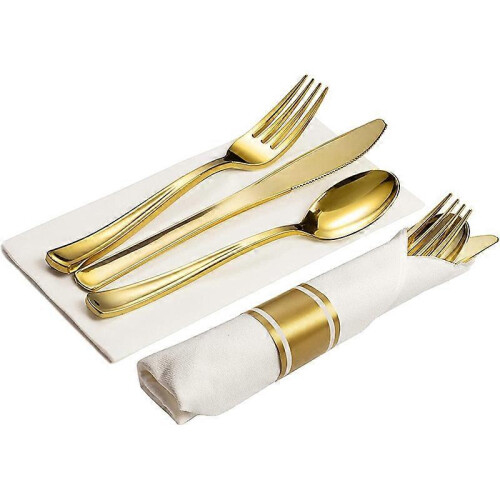 25pcs Pre-wrapped Gold-plastic Dinnerware Set, includes Forks, Knives, Spoons 1
