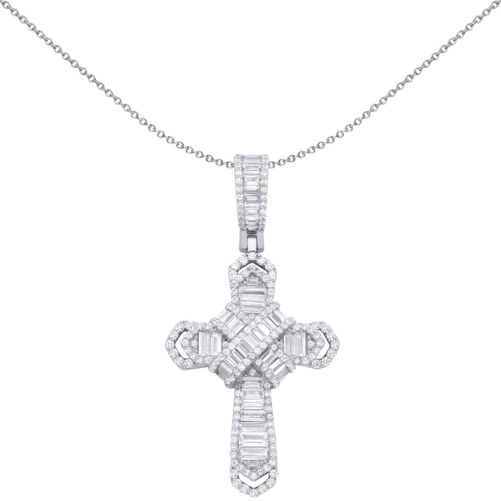 Jewelco London Unisex Rhodium Sterling Baguette Cz Criss Cross Bandolier Chevron Cross Pendant Necklace - Gvx104 Silver