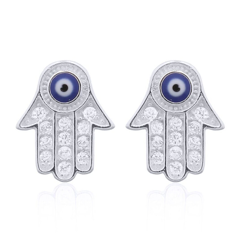 Jewelco London Rhodium Silver Round Cz Anti Evil Eye Beaded Hamsa 5 Hand Stud Earrings - Aes156