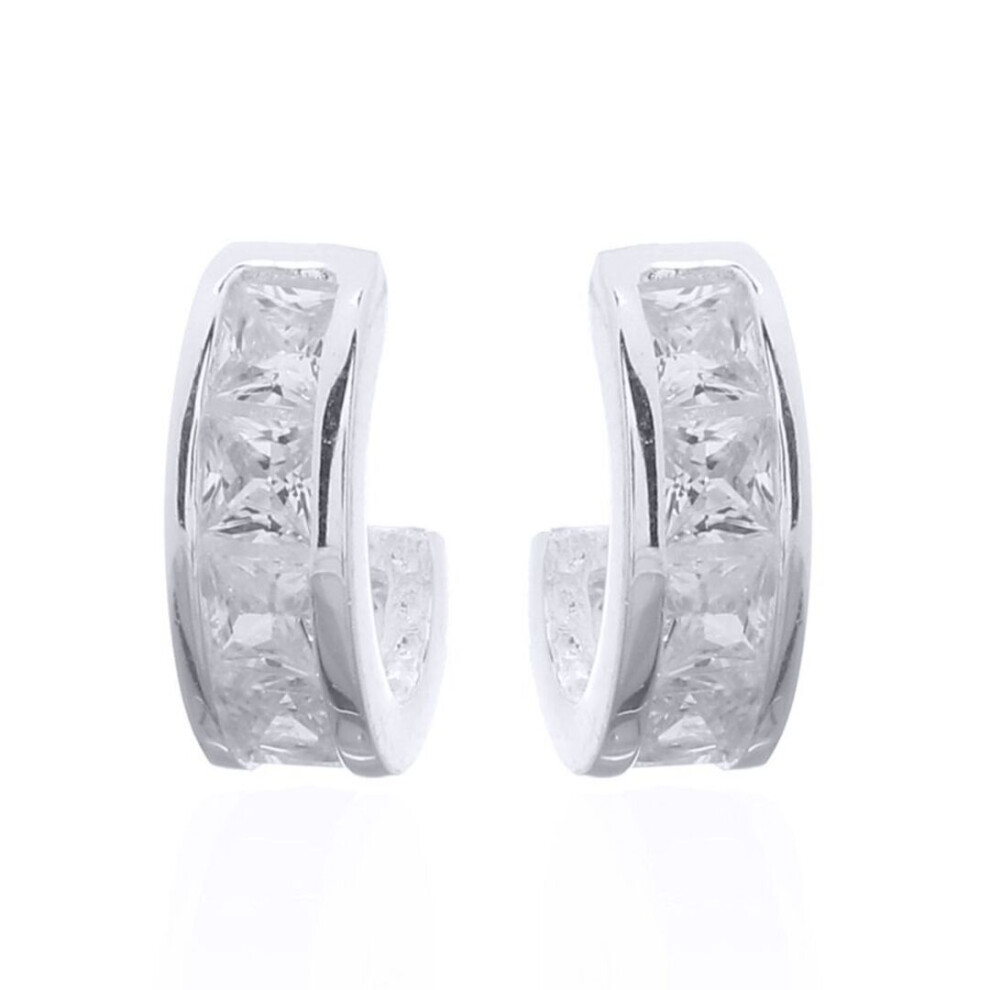 Jewelco London Rhodium Silver White Princess Cz Channel Set Eternity Half Hoop Stud Earrings - Aes145 White,Silver