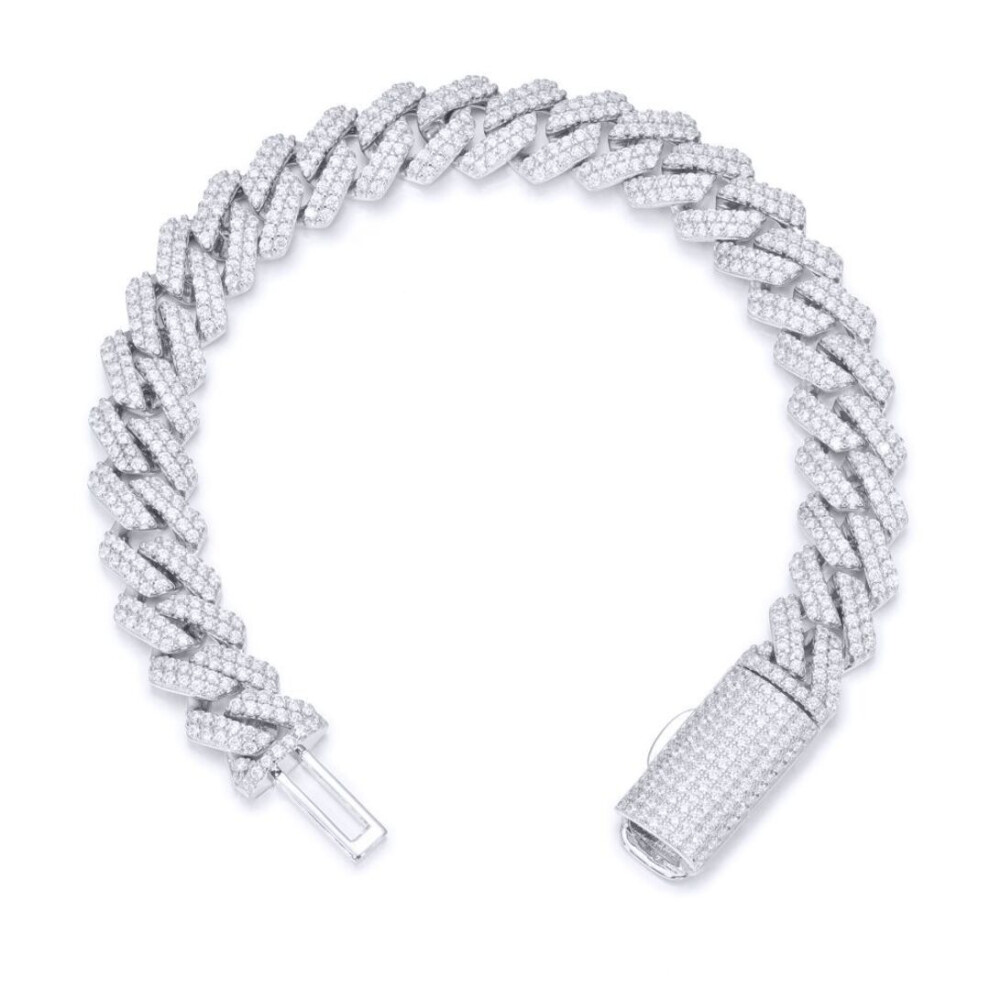 Jewelco London Rhodium Silver Round Cz Encrusted Square Curb 10Mm Chain Bracelet - Abb201-7.5