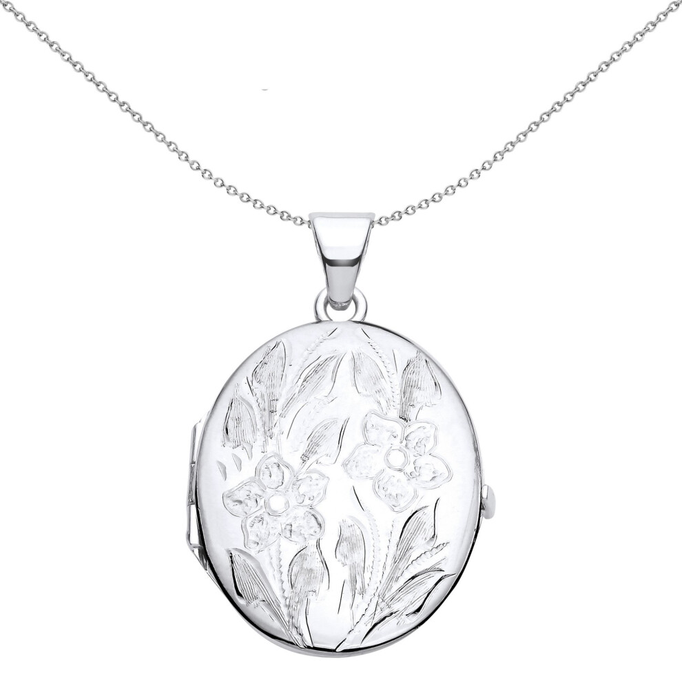 Jewelco London Ladies Rhodium Plated Sterling Flower Leaves Engraved Oval Locket Pendant Necklace - Lk58 Silver