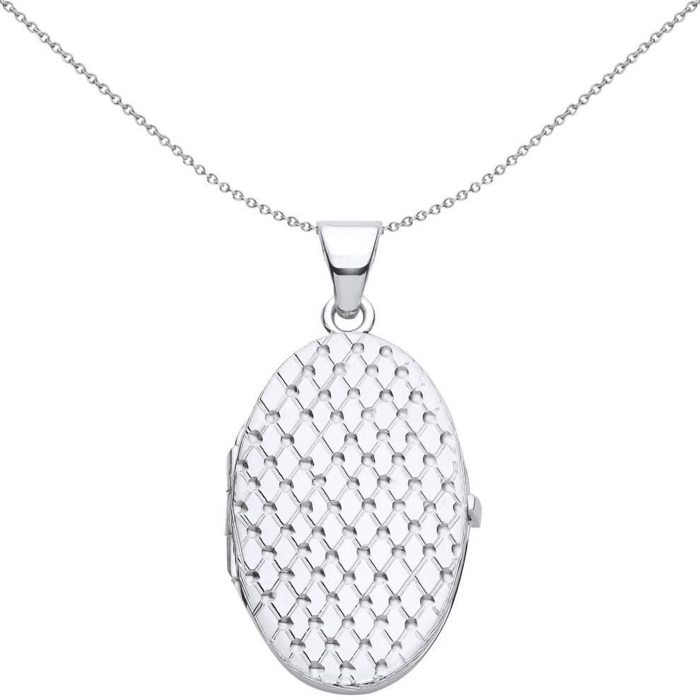 Jewelco London Ladies Rhodium Plated Sterling Engraved Diamond Quilted Mesh Oval Locket Pendant Necklace - Lk65 Silver