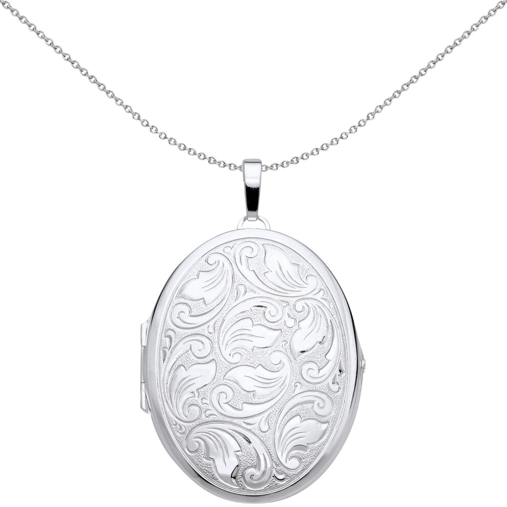 Jewelco London Ladies Rhodium Plated Sterling Engraved Floral Filigree Oval Locket Pendant Necklace - Lk66 Silver