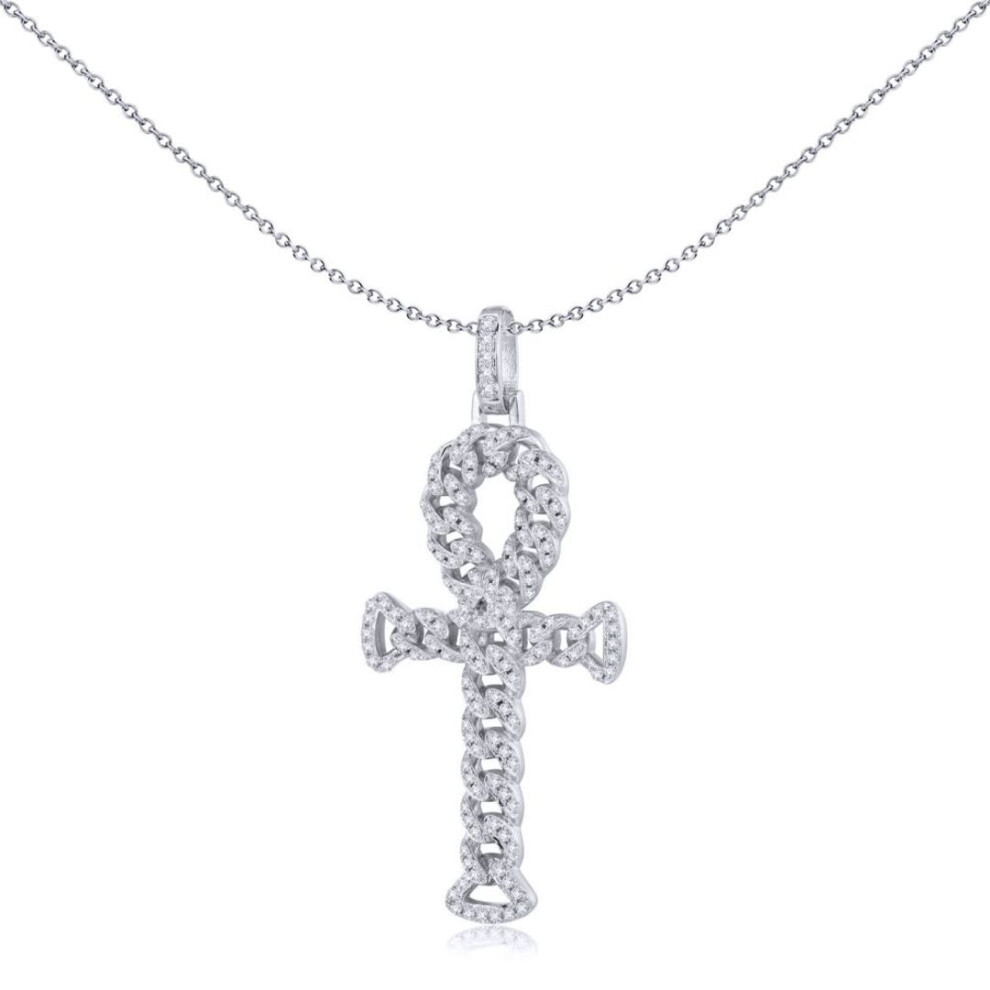 Jewelco London Unisex Rhodium Silver Round Cz Encrusted Curb Link Ankh Cross Pendant - Apx048