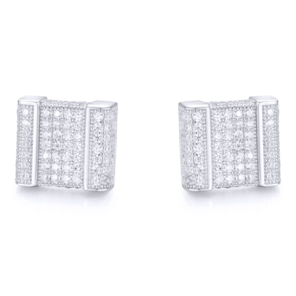 Jewelco London Rhodium Round Cz Encrusted Accordion Cube Stud Earrings - Aes168 Silver