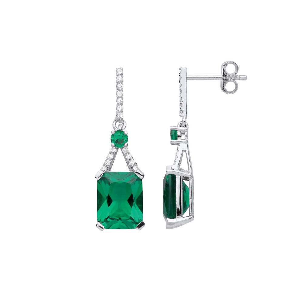 Jewelco London Ladies Rhodium Plated Sterling Silver Green Emerald Cz Candy Grabber Solitaire Drop Earrings - Gve984