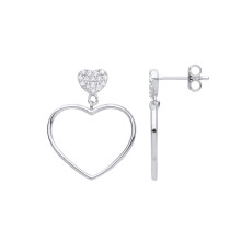 Jewelco London Ladies Rhodium Plated Sterling Silver CZ Open Love Heart Outline Cluster Drop Earrings - GVE998