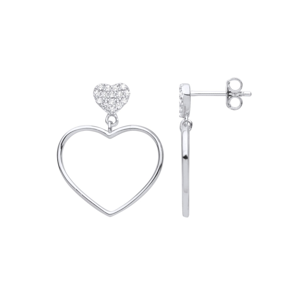 Jewelco London Ladies Rhodium Plated Sterling Cz Open Love Heart Outline Cluster Drop Earrings - Gve998 Silver