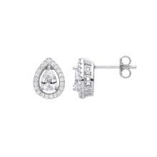 Jewelco London Ladies Rhodium Plated Sterling Silver Pear CZ Kisses Gallery Teardrop Solitaire Halo Stud Earrings - GVE989