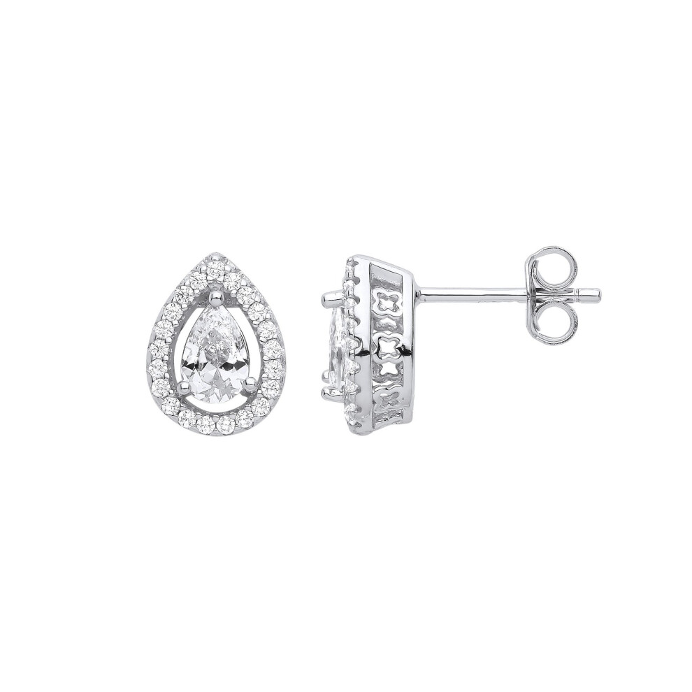 Jewelco London Ladies Rhodium Plated Sterling Pear Cz Kisses Gallery Teardrop Solitaire Halo Stud Earrings - Gve989 Silver