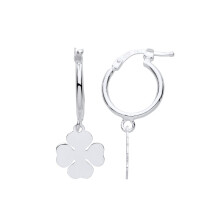 Jewelco London Ladies Rhodium Plated Sterling Silver Hanging 4 Leaf Clover Lucky Charm Hoop Drop Earrings - EAG1153