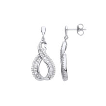Jewelco London Ladies Rhodium Plated Sterling Silver Baguette CZ Warped Figure 8 Infinity Eternity Drop Earrings - EAG1105