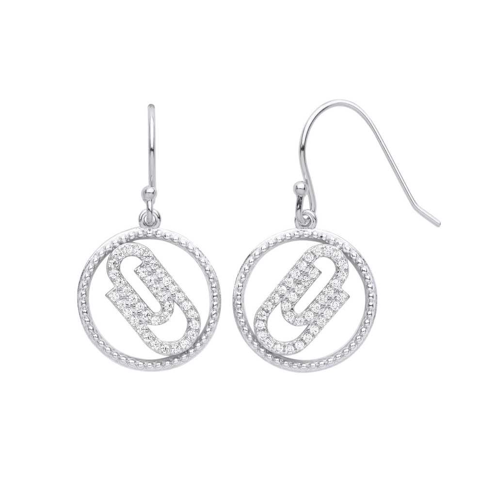 Jewelco London Ladies Rhodium Plated Sterling Silver Cz Beaded Halo Ring Paperclip Circle Drop Earrings - Gve976