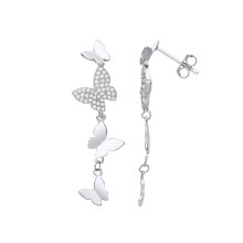 Jewelco London Ladies Rhodium Plated Sterling Silver CZ Butterfly Paper Chain Drop Earrings - EAG1199