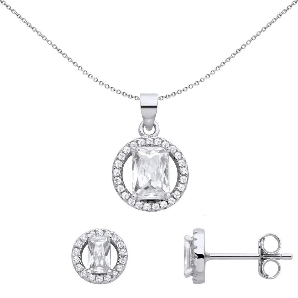 Jewelco London Ladies Rhodium Plated Sterling Silver Emerald Cz Circle Halo Solitaire Earrings Necklace Set - Gset664 Green,Silver