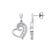 Jewelco London Ladies Rhodium Plated Sterling Silver Baguette CZ Golden Ratio Spiral Love Heart Drop Earrings - EAG1224