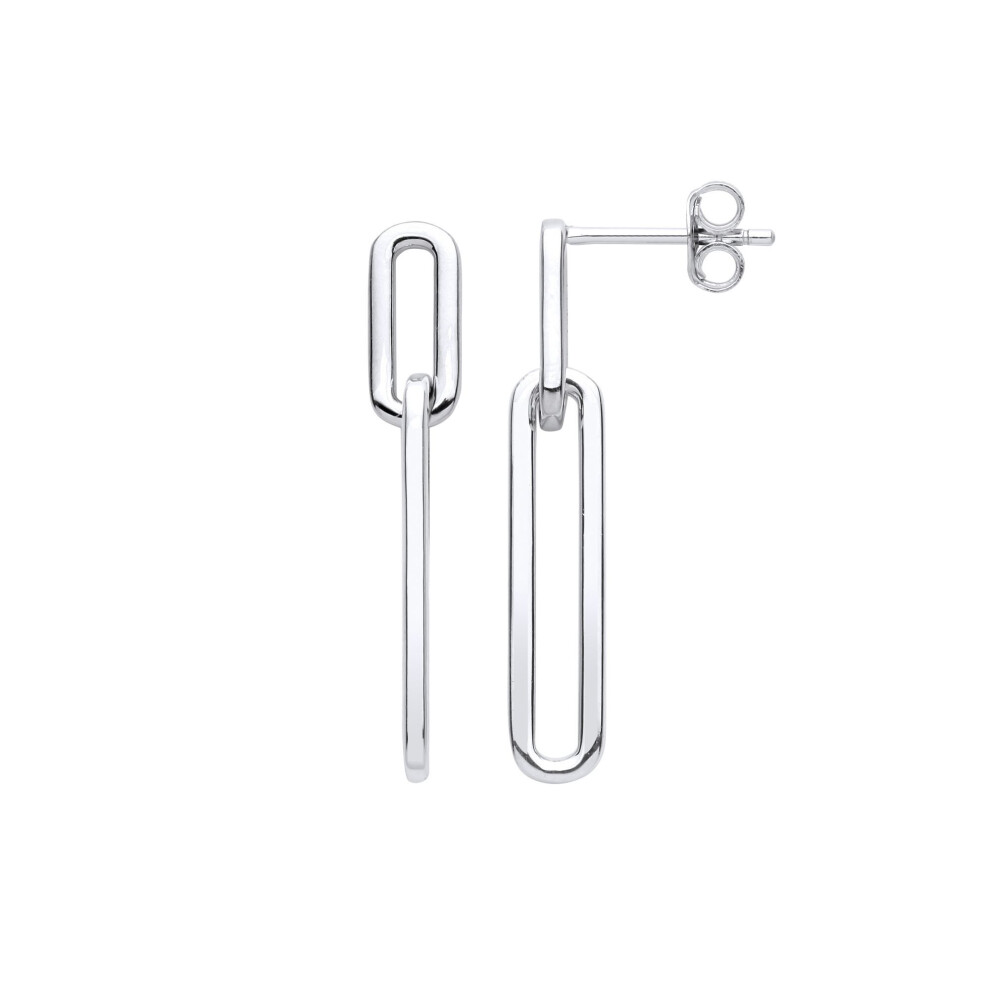 Jewelco London Ladies Rhodium Plated Sterling Elongated Oval Paperclip Link Drop Earrings - Eag1049 Silver