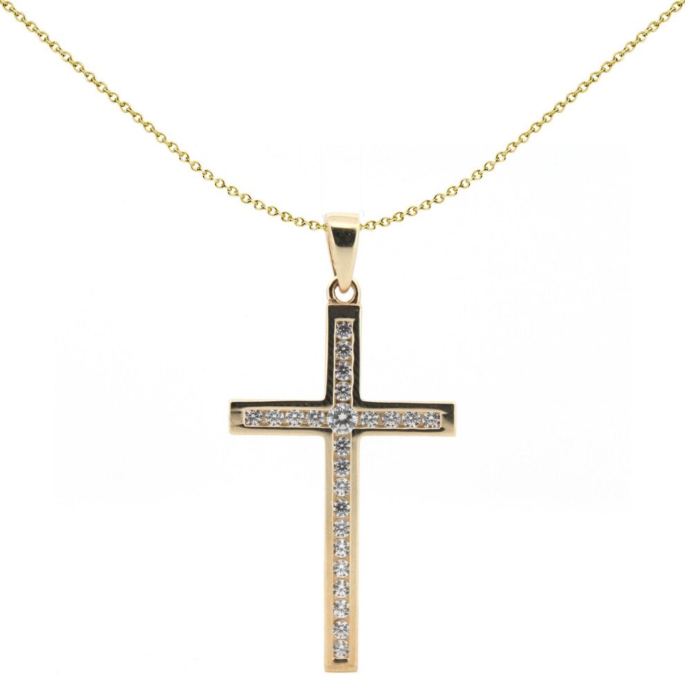Jewelco London Solid 9Ct Yellow Gold Cubic Zirconia Art Deco Outline Channel Set Cross Pendant - Jpx150 Gold,Yellow