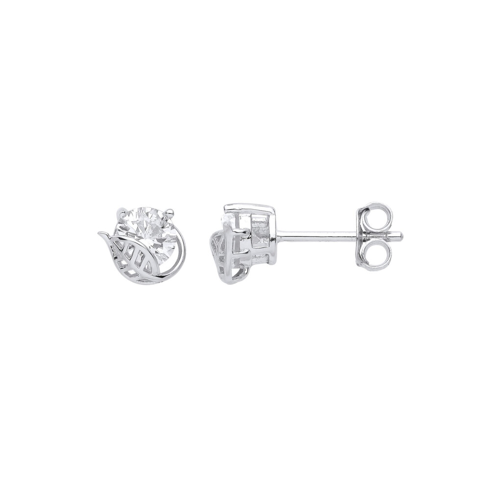 Jewelco London Ladies Rhodium Plated Sterling Silver Cz Leaf Cradled Solitaire Stud Earrings - Eag1045