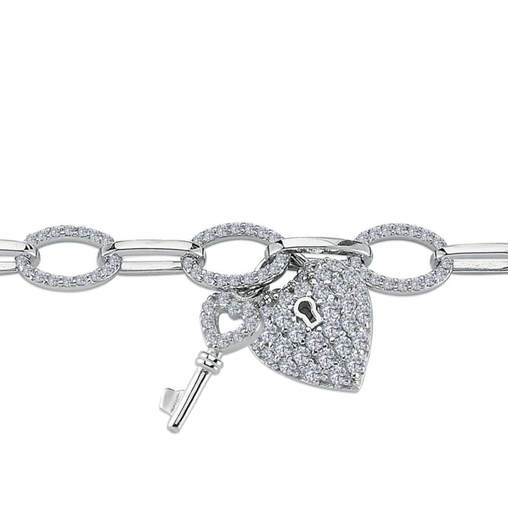 Jewelco London Ladies Rhodium Plated Sterling Cz Key & Love Heart Padlock Oval Belcher Charm Bracelet, 7.5" - Abb187 Silver