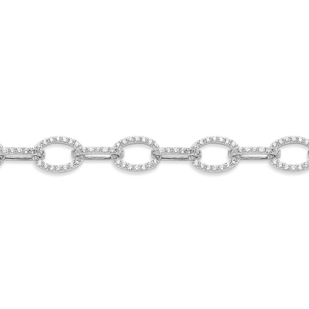 Jewelco London Ladies Rhodium Plated Sterling Cubic Zirconia Flat Oval Belcher Link Bracelet, 7.5" - Abb186 Silver