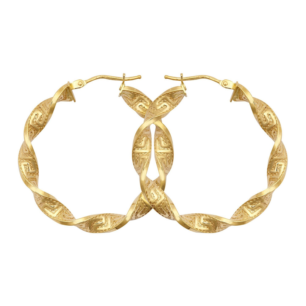 Jewelco London Ladies 9Ct Yellow Gold Greek Key Ribbon Twist 4Mm Hoop Earrings 32Mm - Jer787b