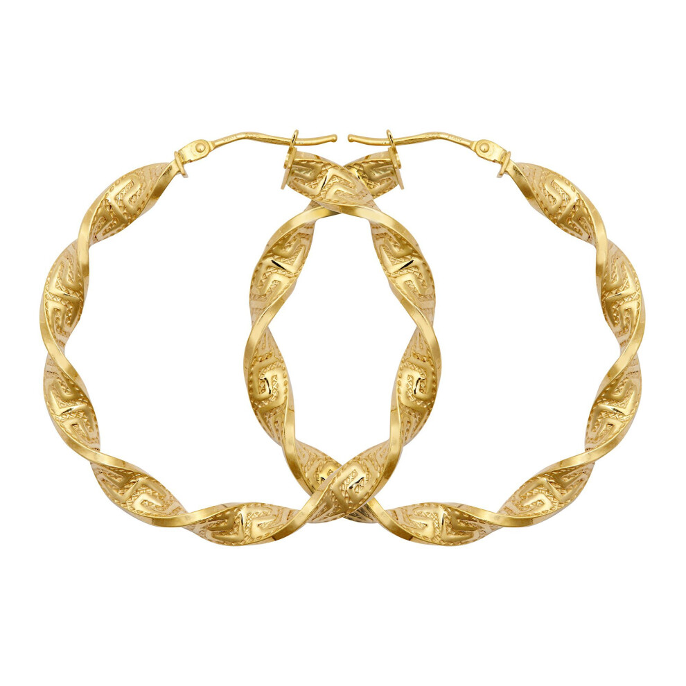 Jewelco London Ladies 9Ct Yellow Gold Greek Key Ribbon Twist 4Mm Hoop Earrings 37Mm - Jer787c