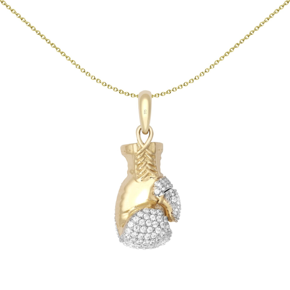 Jewelco London Solid 9Ct Yellow And White Gold White Round Brilliant Cubic Zirconia Realistic 3D Single Boxing Glove Novelty Pendant, Small - Jpd594