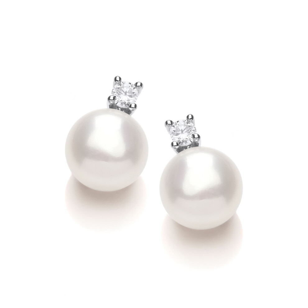 Jewelco London Ladies Sterling Silver Cubic Zirconia & Freshwater Cultured Pearl Solitaire Tip Drop Earrings 8Mm - Gve922