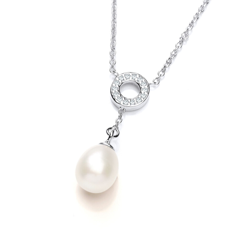 Jewelco London Ladies Sterling Silver Cubic Zirconia & Freshwater Cultured Pearl Halo Chain Charm Necklace 7X9mm - Gvk334
