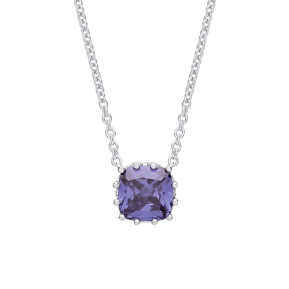 Jewelco London Ladies Sterling Tanzanite-Violet Cushion Cut Cubic Zirconia 12 Claw Solitaire Solitaire Necklace - Gvk321 Silver